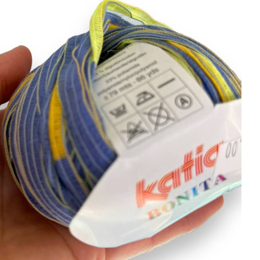 5 Skeins Katia BONITA Ribbon Yarn | Color #21 Blue, Green, Yellow - Picture 4 of 6